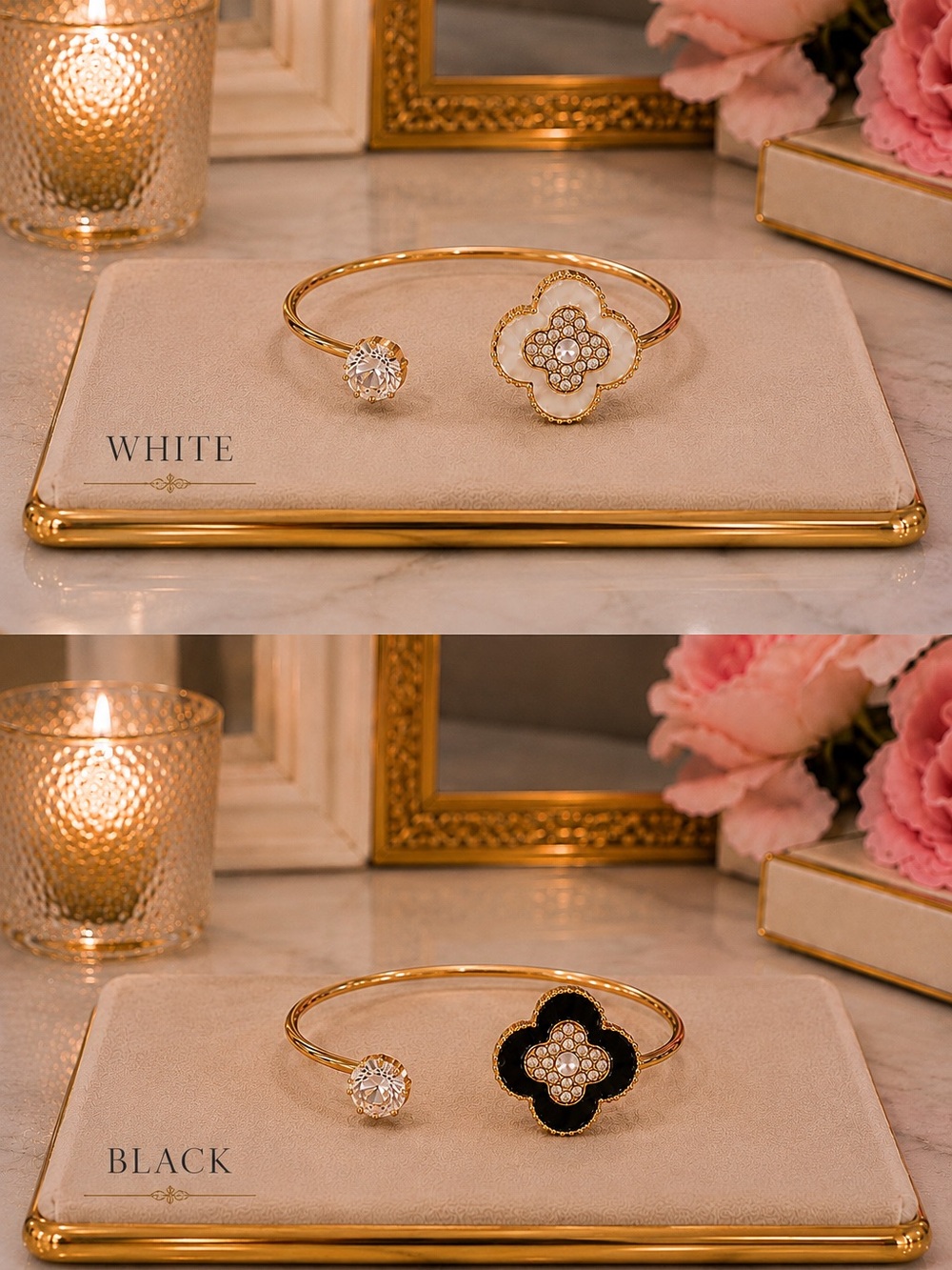 Gold Open Cuff Bracelet with White or Black Enamel Clover Accent & Crystal